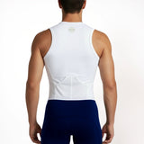 Person wearing a white sleeveless Tri Suit with Navy shorts on a white background