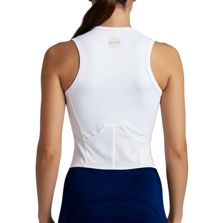White sleeveless tri suit with a brand logo on a white background