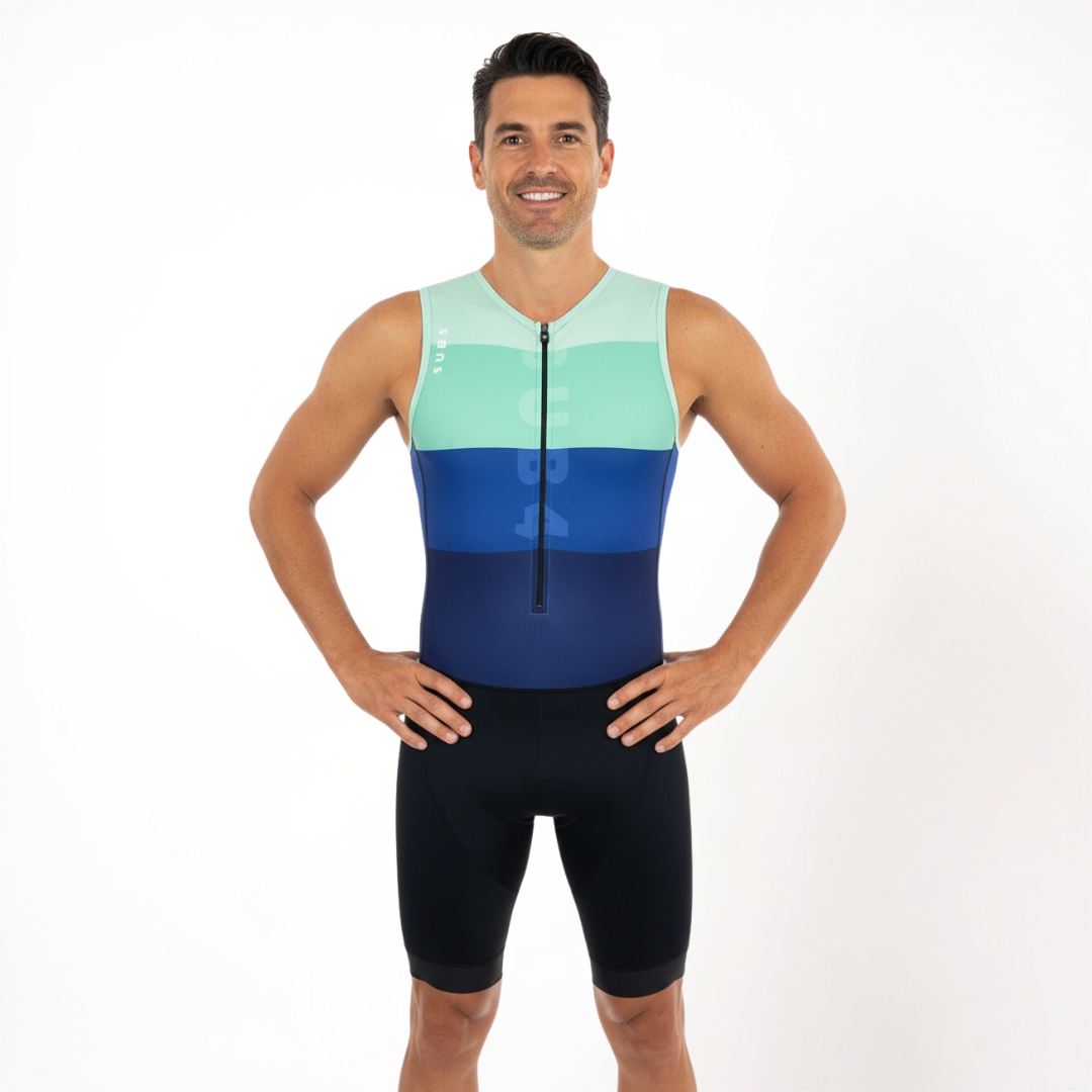 Man wearing a triathlon suit with a white background
