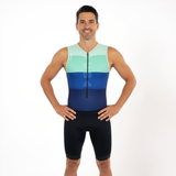 Man wearing a triathlon suit with a white background