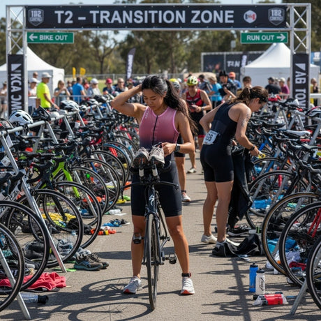 Athletes preparing for a triathlon transition zone with bicycles and race officials.