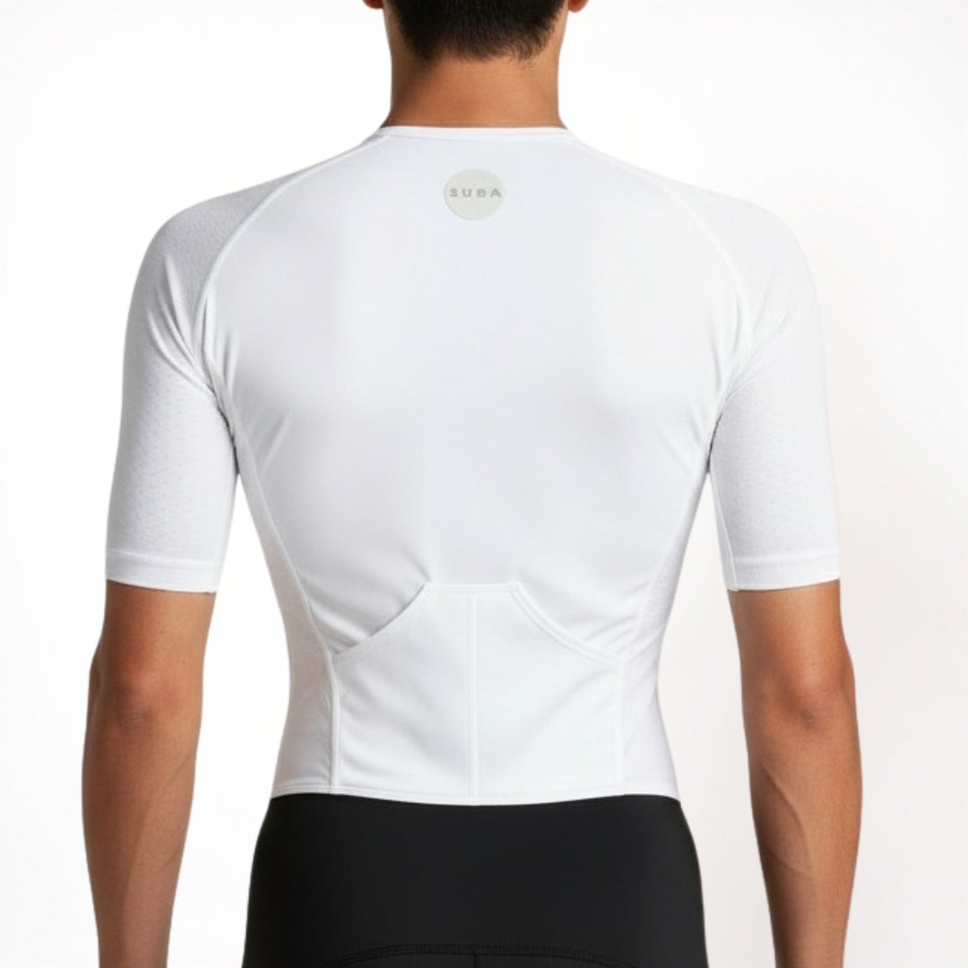 White tri suit with a brand logo on the back, worn by a person.